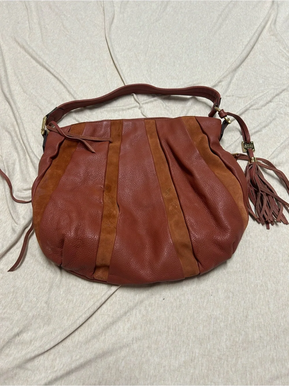 Aimee Kestenberg Tuscany Hobo Purse Bag Slouchy Paneled Suede Pebble Leather